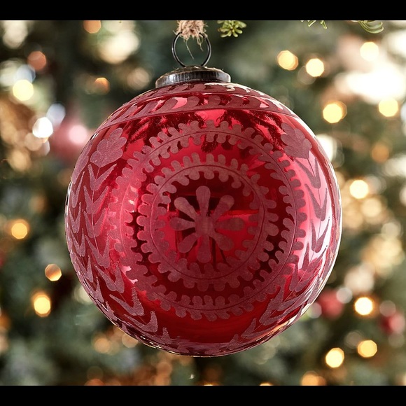 New Pottery Barn Red Etched Mercury Ball Christmas Ornament Decor 4” #1 - Picture 3 of 12
